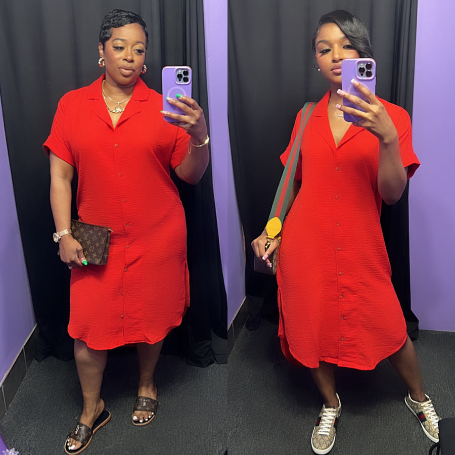 The “Quinn” Collared Linen Midi Dress (Red)