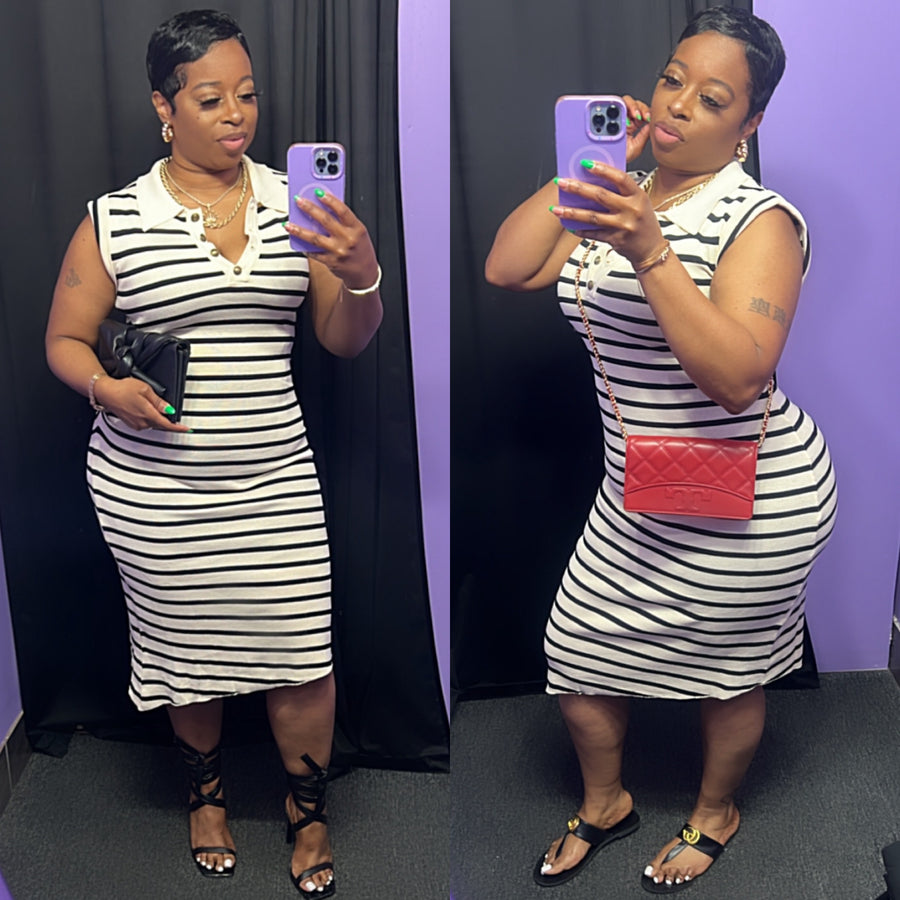 The “Nikki” Striped Collared Dress (Cream/Black)