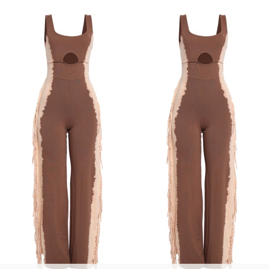 The Farah Fringe Jumpsuit (Brown/Taupe)