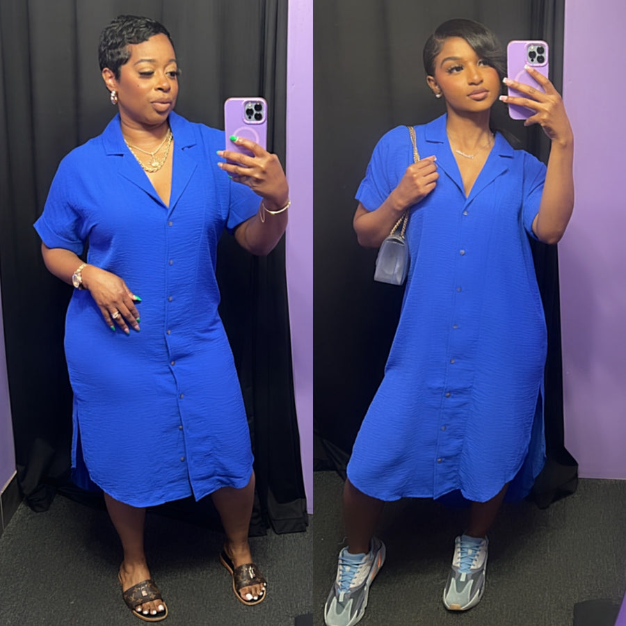The “Quinn” Collared Linen Midi Dress (Cobalt Blue)