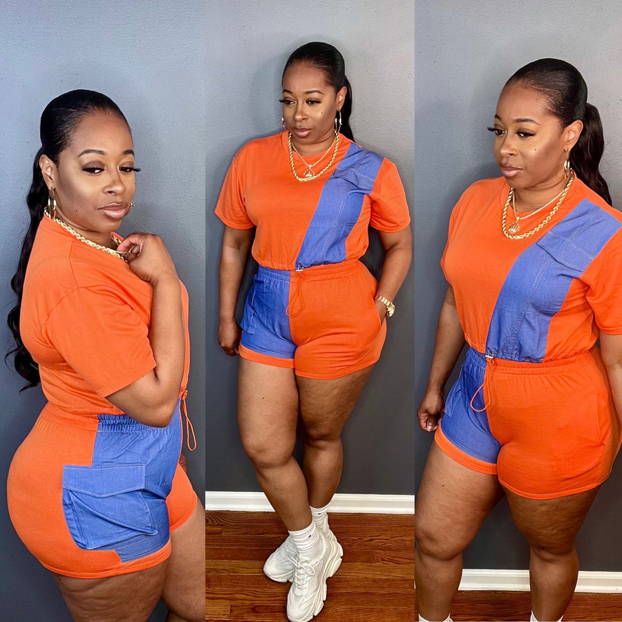 The "COLOR BLOCK" Shorts Set (Orange/Denim)