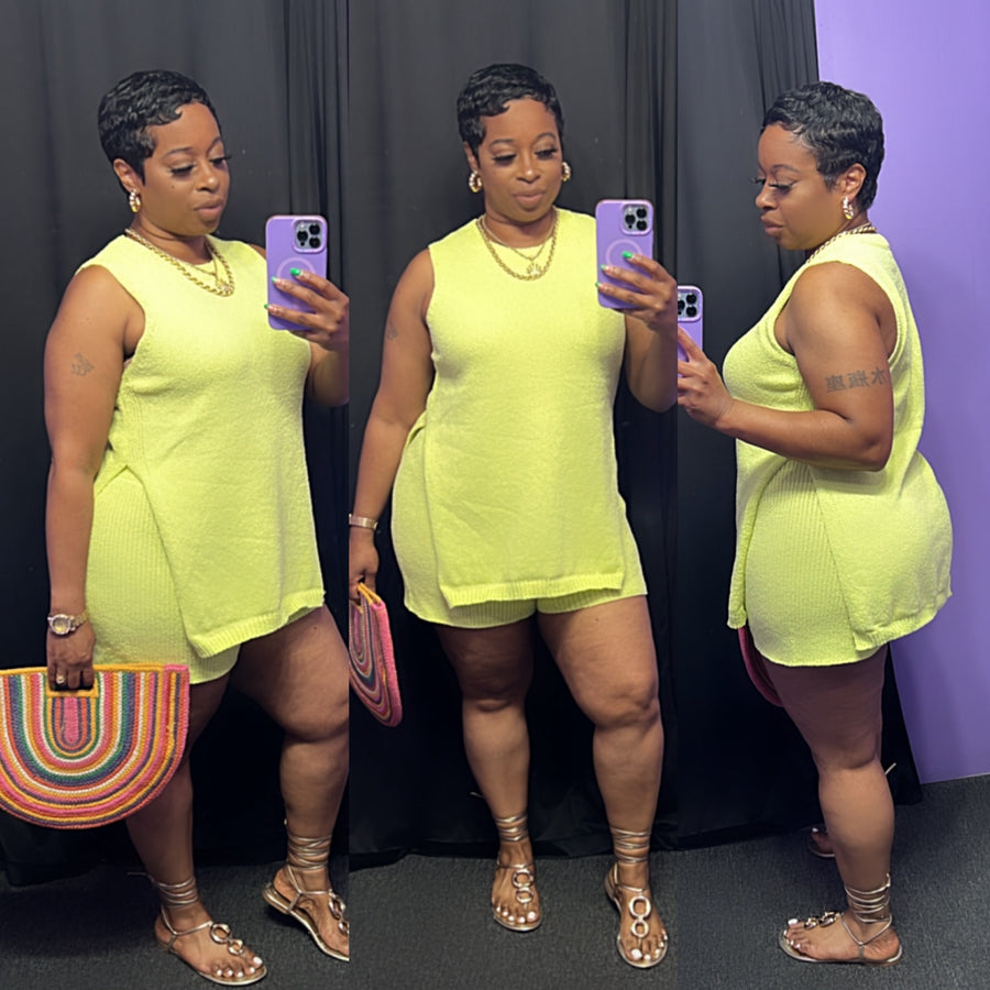 The “Cozy & Comfy Chic” Shorts Set - Lime (Stretchy)