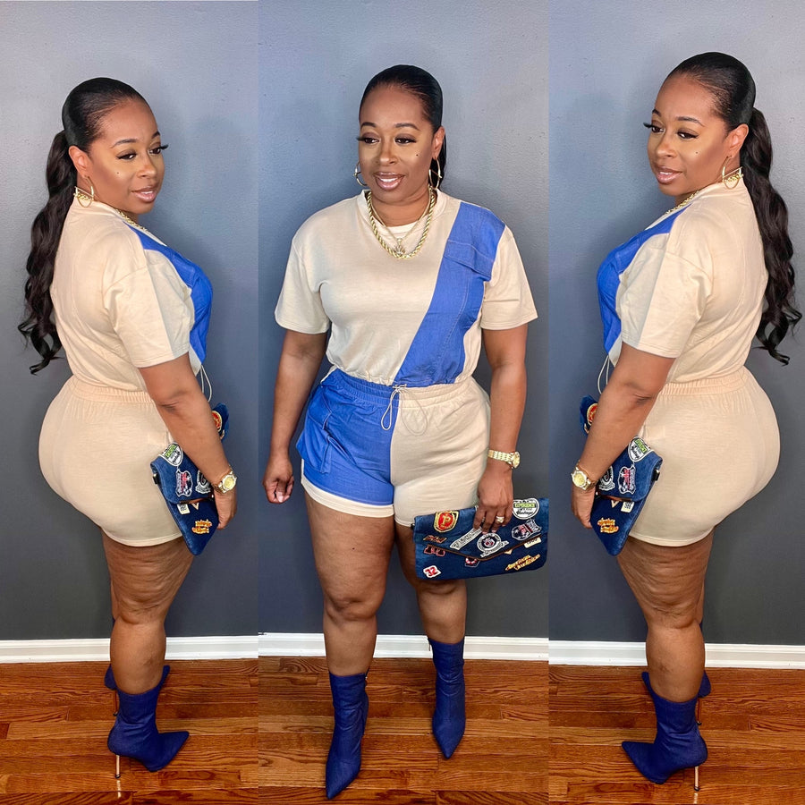 The "COLOR BLOCK" Shorts Set (Taupe/Denim)