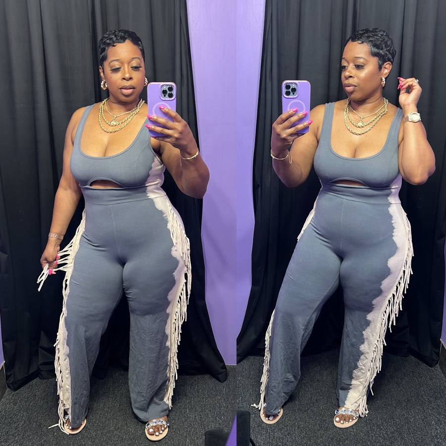 The Farah Fringe Jumpsuit (Grey/Taupe)