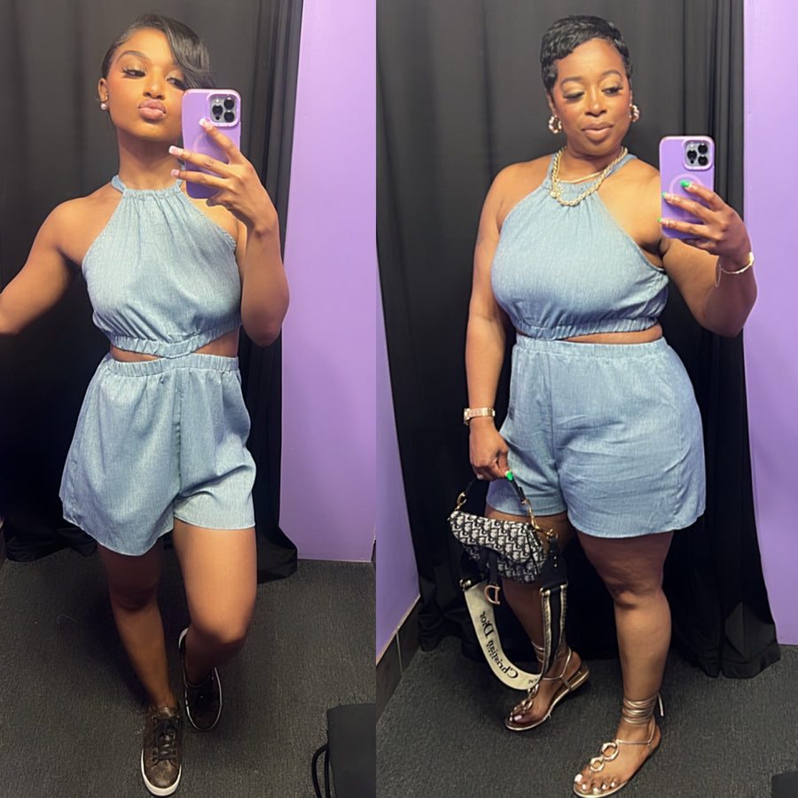 The “Mia” Linen Romper (Blue)