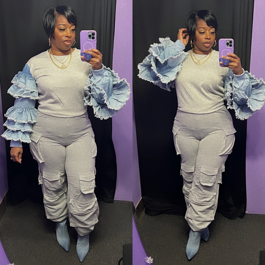 The TAMMY Denim Ruffle Sleeve Top