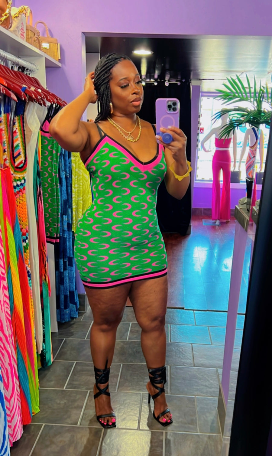 The HALF MOON Mini Dress (Green/Pink/Black)