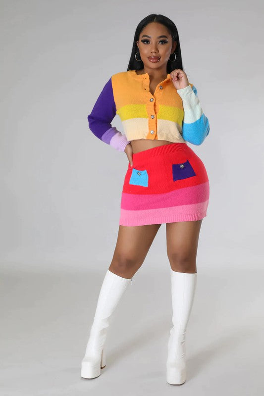The SOLAE Sweater Cardigan Skirt Set (Multi)
