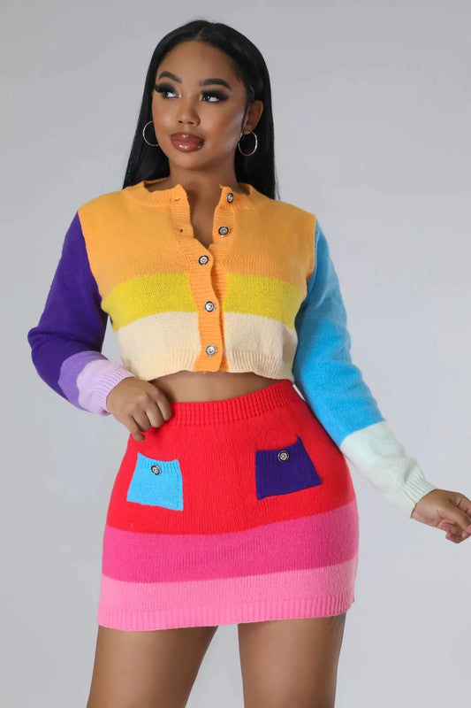 The SOLAE Sweater Cardigan Skirt Set (Multi)