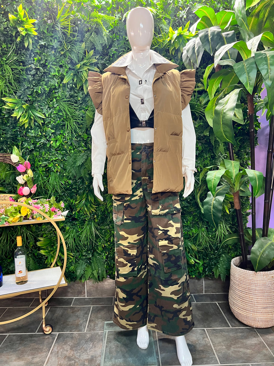 The KAMORA Ruffle Down Vest (Camel)