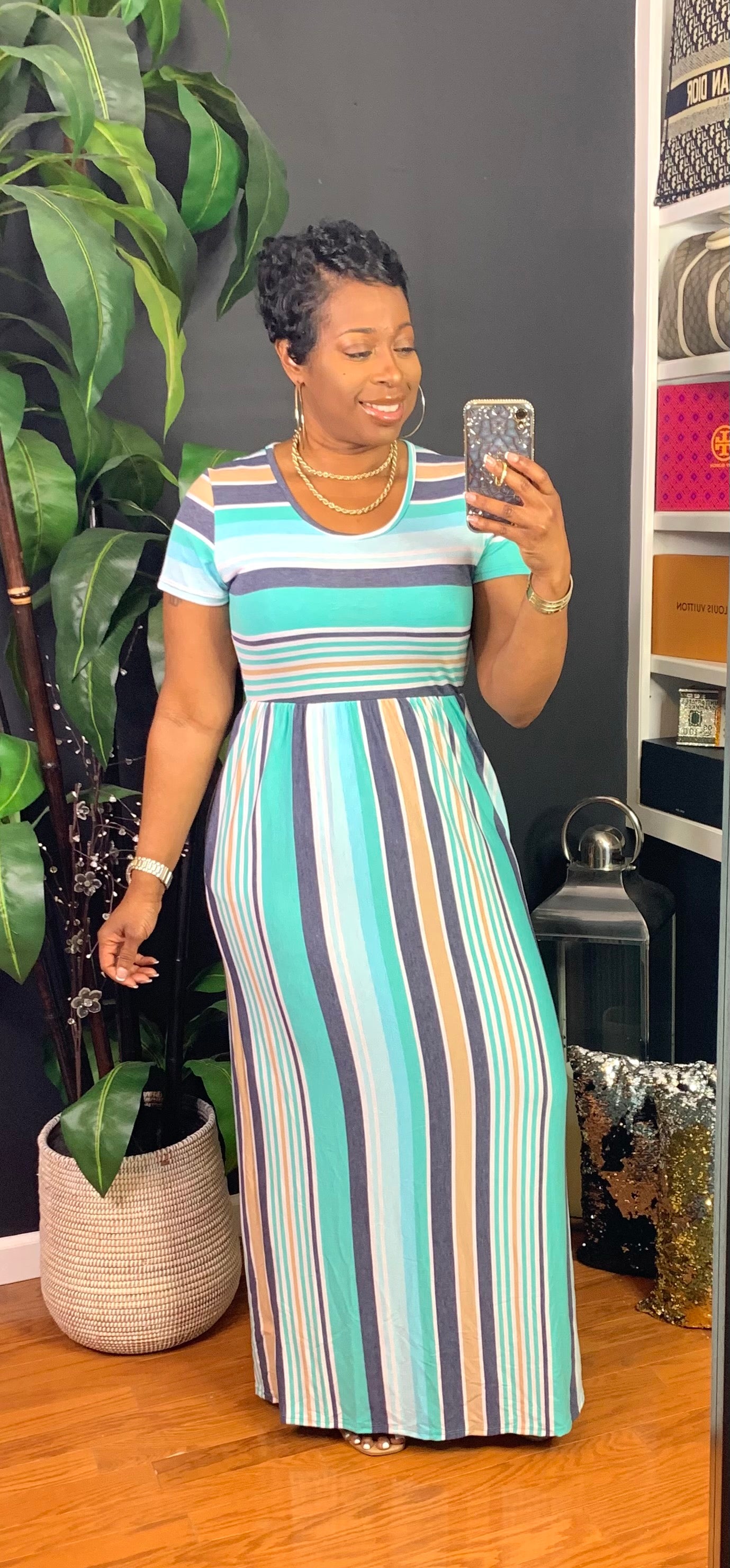 Meeka Stripe Maxi Dress (Aqua/Navy/Multi)