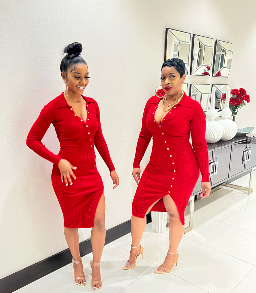 The FLIRTY Button Down Midi Dress (Red)
