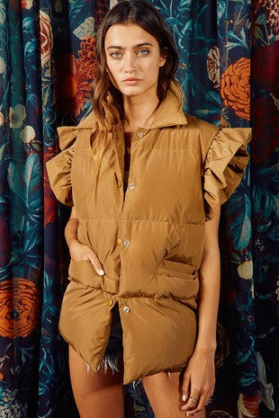 The KAMORA Ruffle Down Vest (Camel)