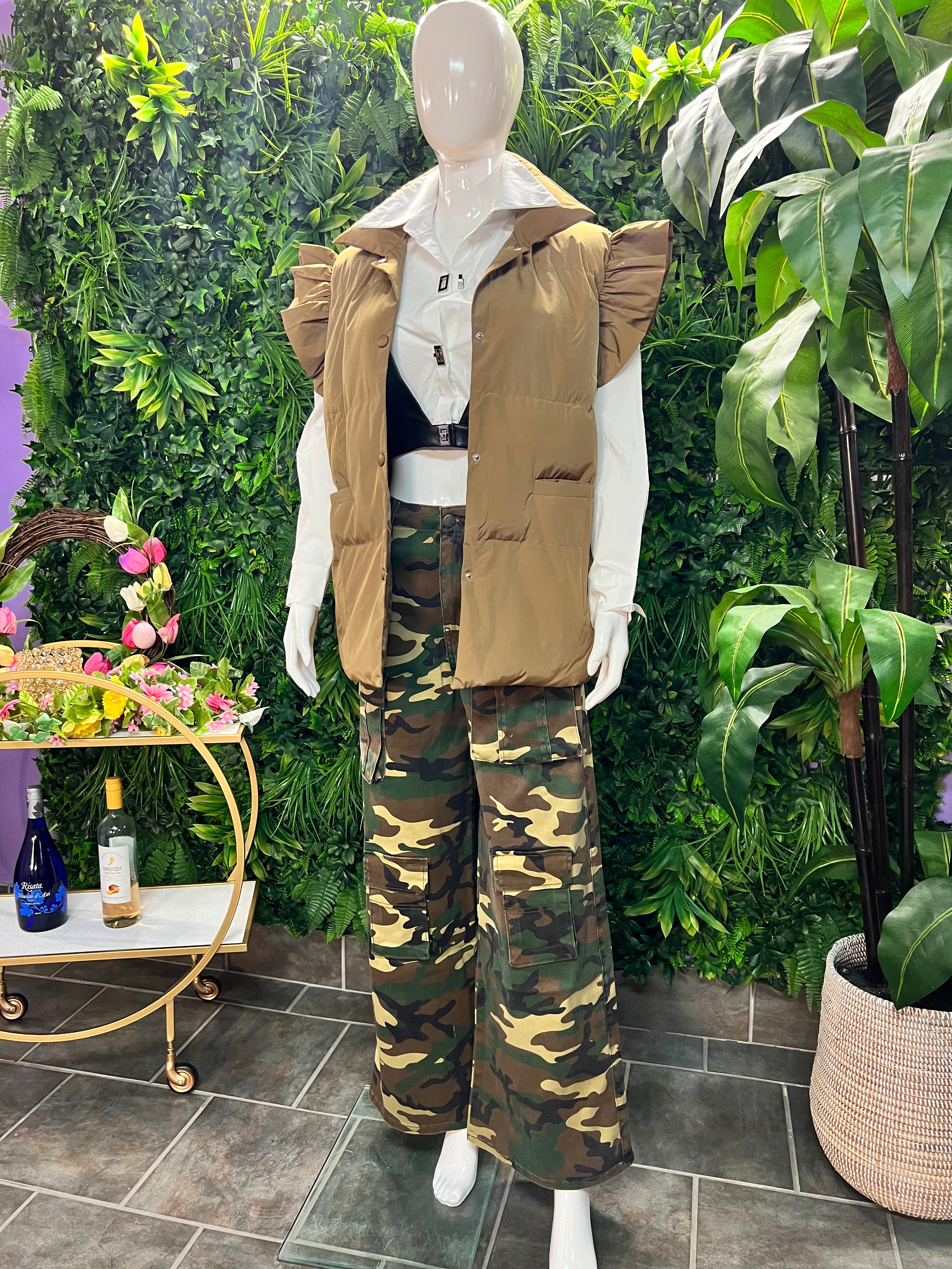 The KAMORA Ruffle Down Vest (Camel)