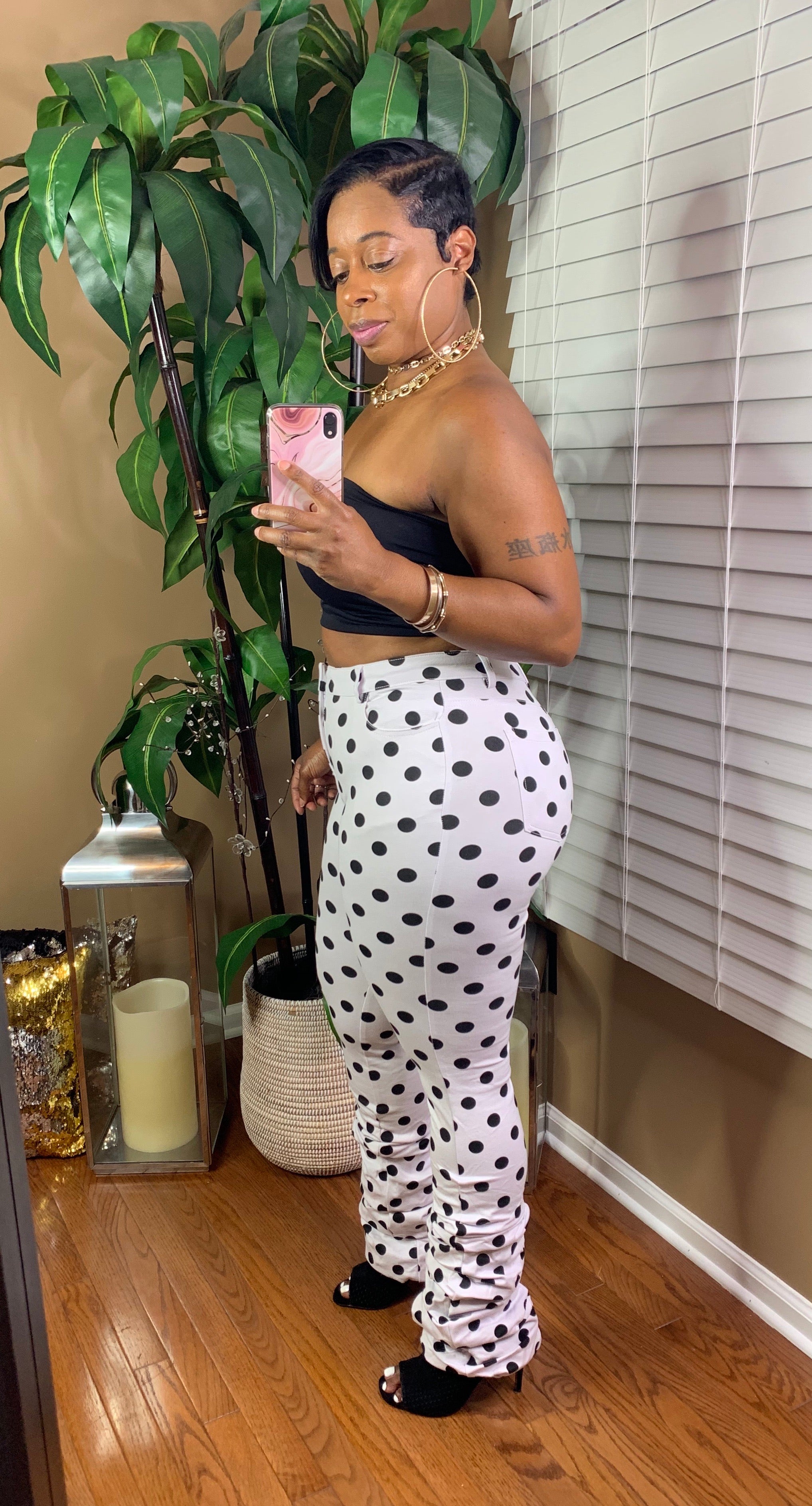 ANGELIQUE Polka Dot Ruched Pants (White/Black)