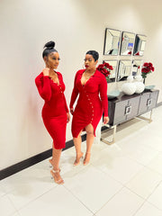 The FLIRTY Button Down Midi Dress (Red)