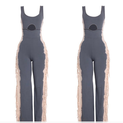 The Farah Fringe Jumpsuit (Grey/Taupe)