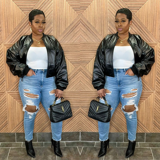 The Bonjour Luxe Leather Bomber (Black) - Oversized can size down