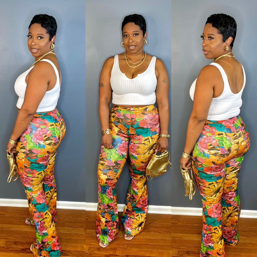 The Magnolia High Rise Floral Faux Leather Flare Pants - Multicolor