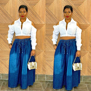 The Bohemian Chic Denim Extreme Wide Leg Pants (Dark Blue)