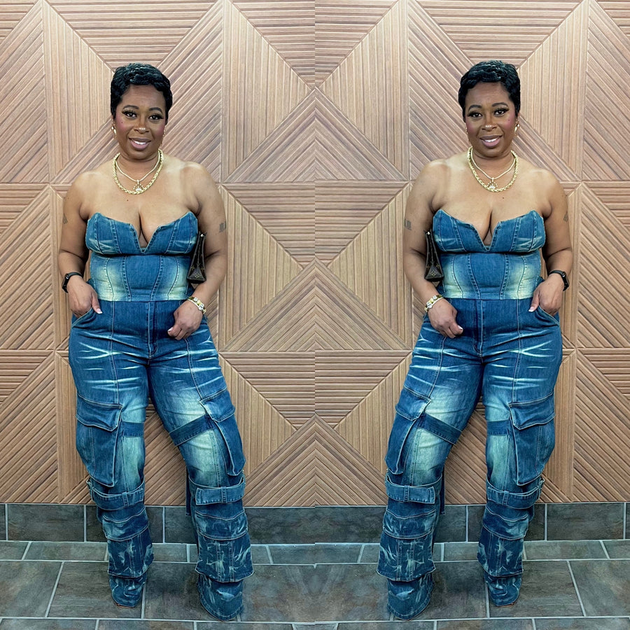 Iconic Edge Denim Cargo Set (Dark Vintage Wash)