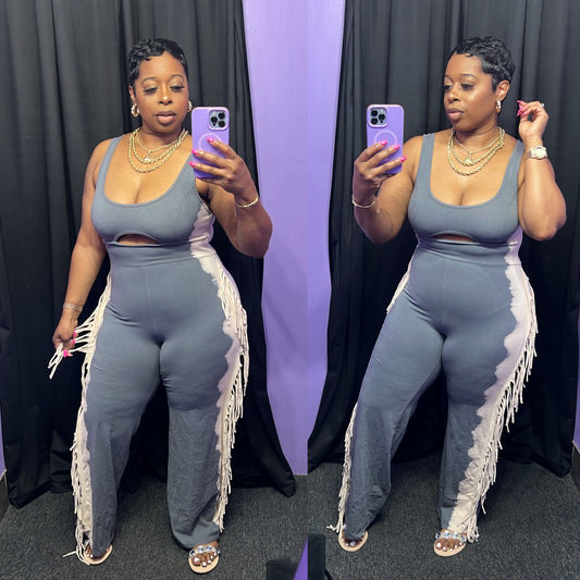 The Farah Fringe Jumpsuit (Grey/Taupe)
