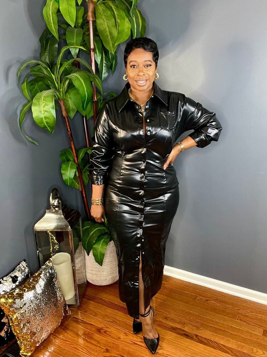 The Sassy Chic Leather Midi Dress (Black)