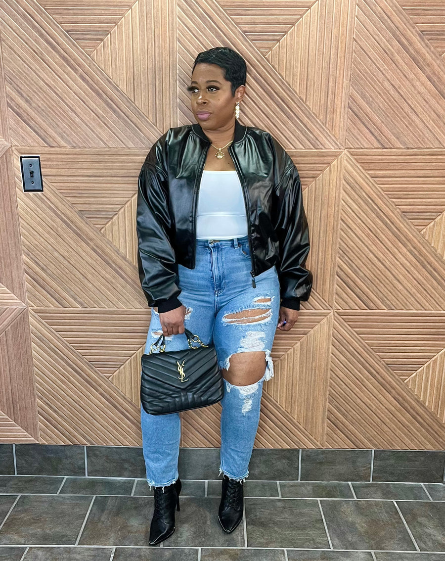 The Bonjour Luxe Leather Bomber (Black) - Oversized can size down