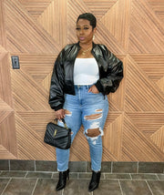 The Bonjour Luxe Leather Bomber (Black) - Oversized can size down