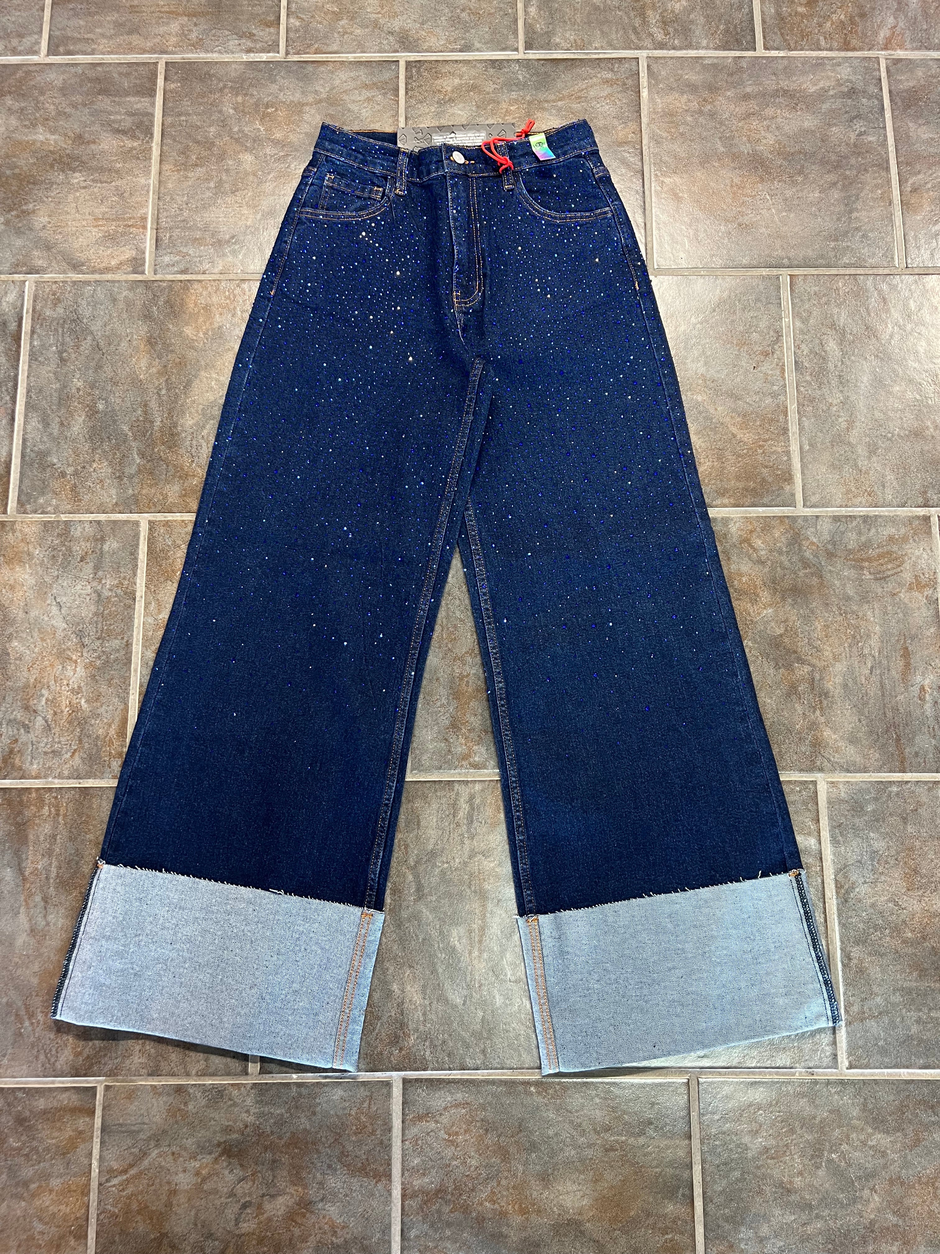 Midnight Drip Rhinestone Jeans (Indigo)