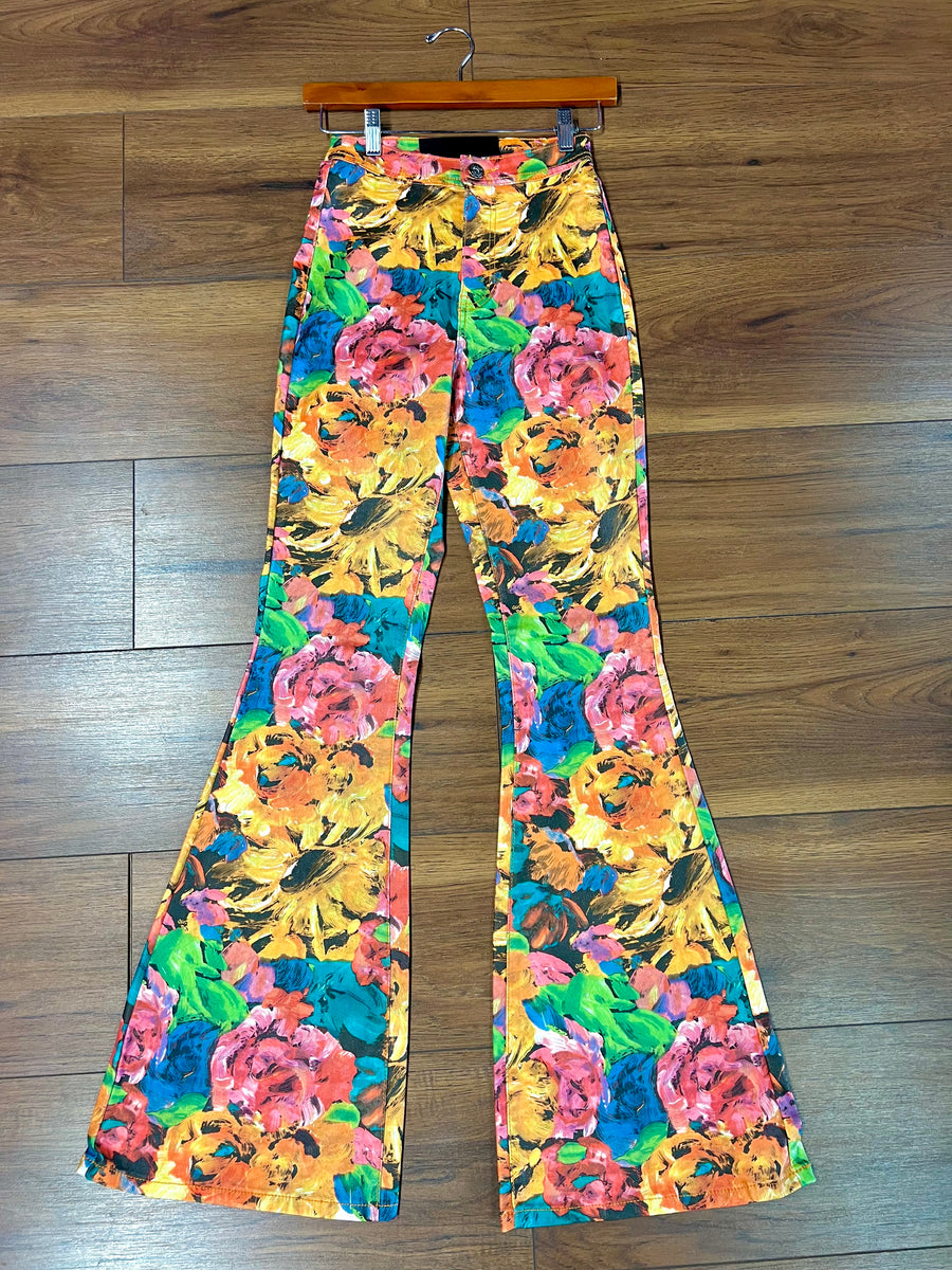 The Magnolia High Rise Floral Faux Leather Flare Pants - Multicolor