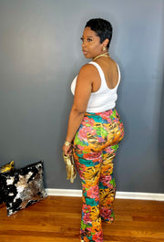 The Magnolia High Rise Floral Faux Leather Flare Pants - Multicolor