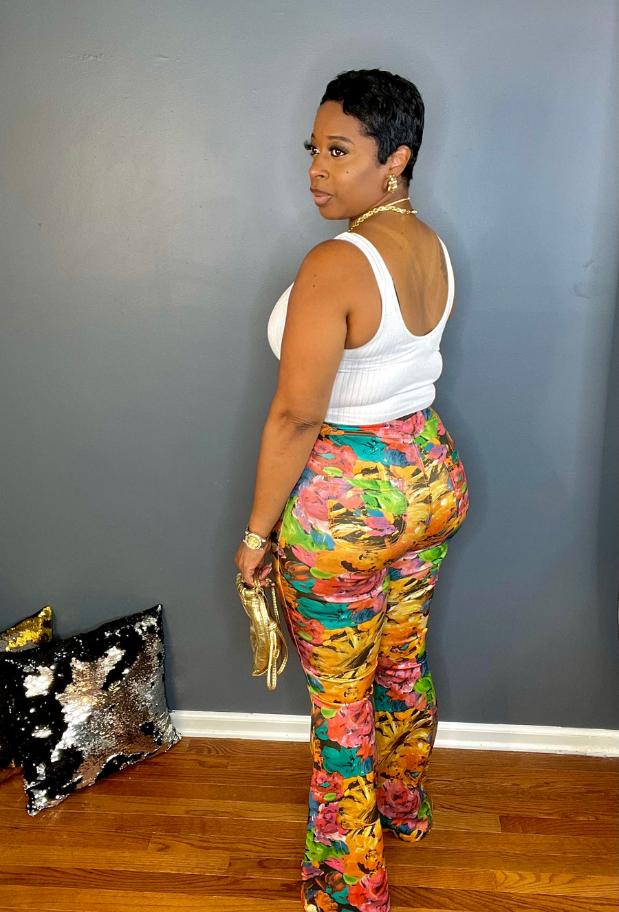 The Magnolia High Rise Floral Faux Leather Flare Pants - Multicolor