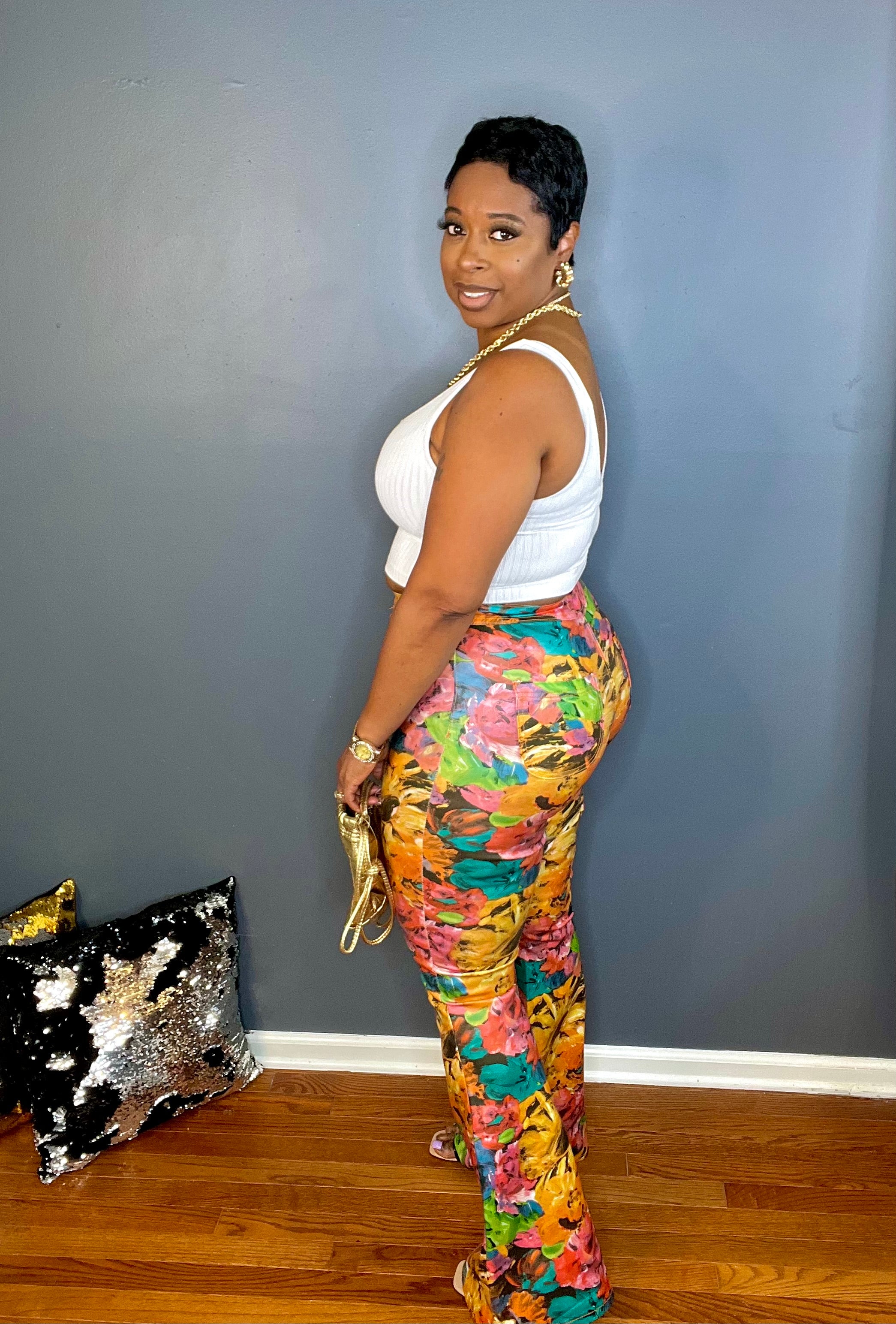 The Magnolia High Rise Floral Faux Leather Flare Pants - Multicolor