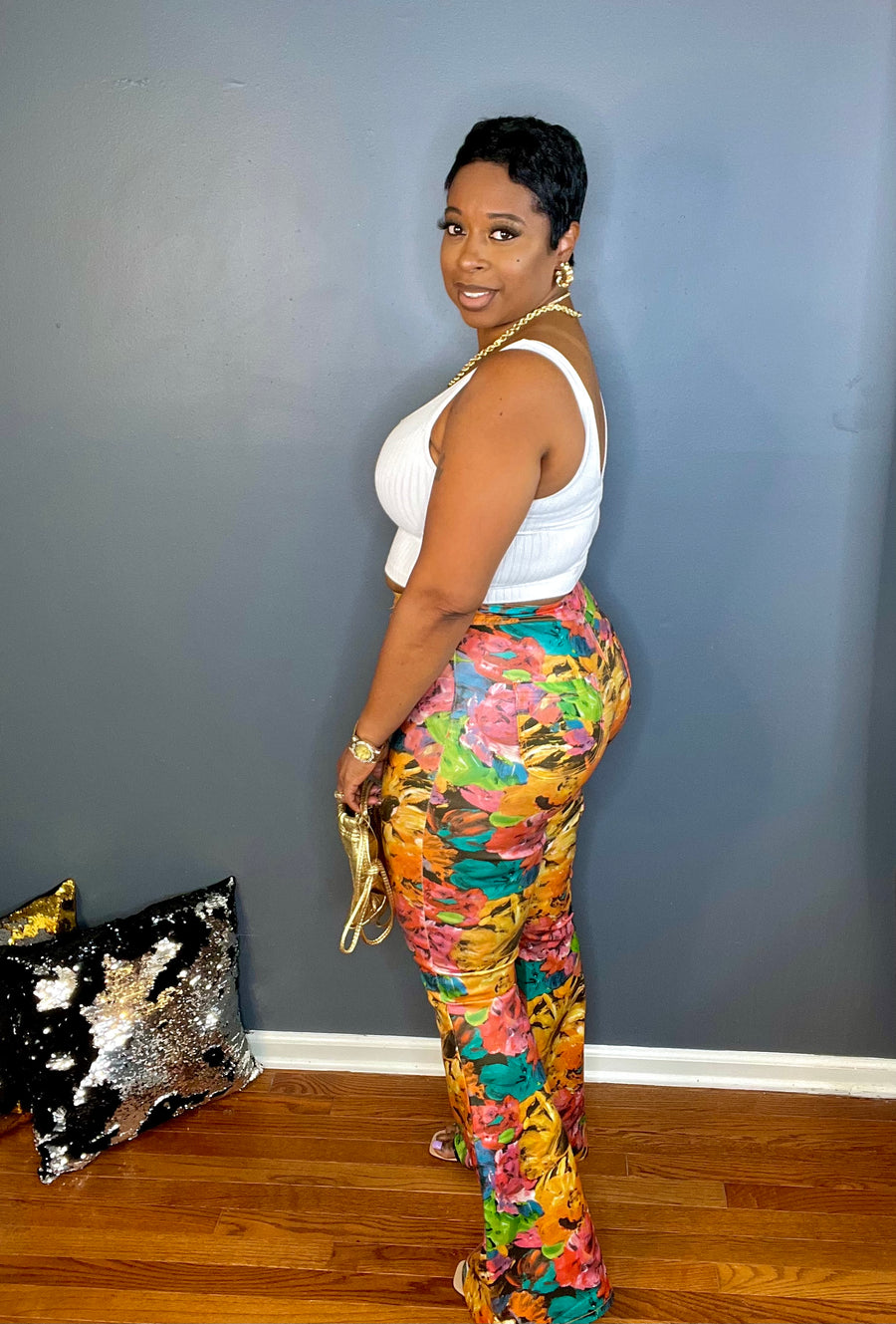 The Magnolia High Rise Floral Faux Leather Flare Pants - Multicolor
