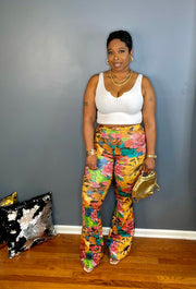 The Magnolia High Rise Floral Faux Leather Flare Pants - Multicolor