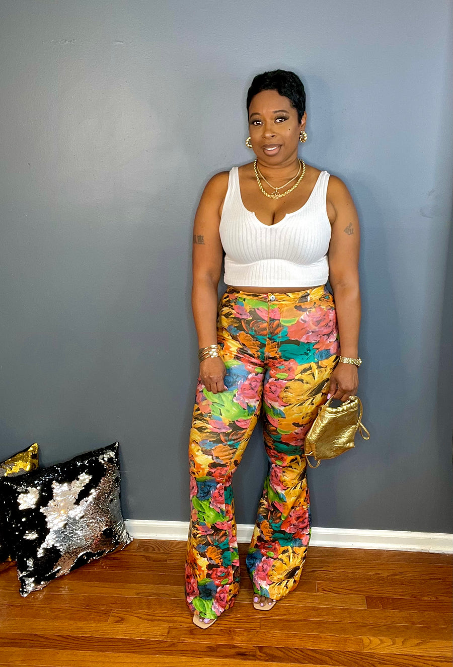The Magnolia High Rise Floral Faux Leather Flare Pants - Multicolor