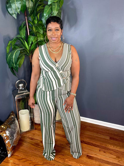 The Catalina Blazer Vest Striped Pant Set (Olive)