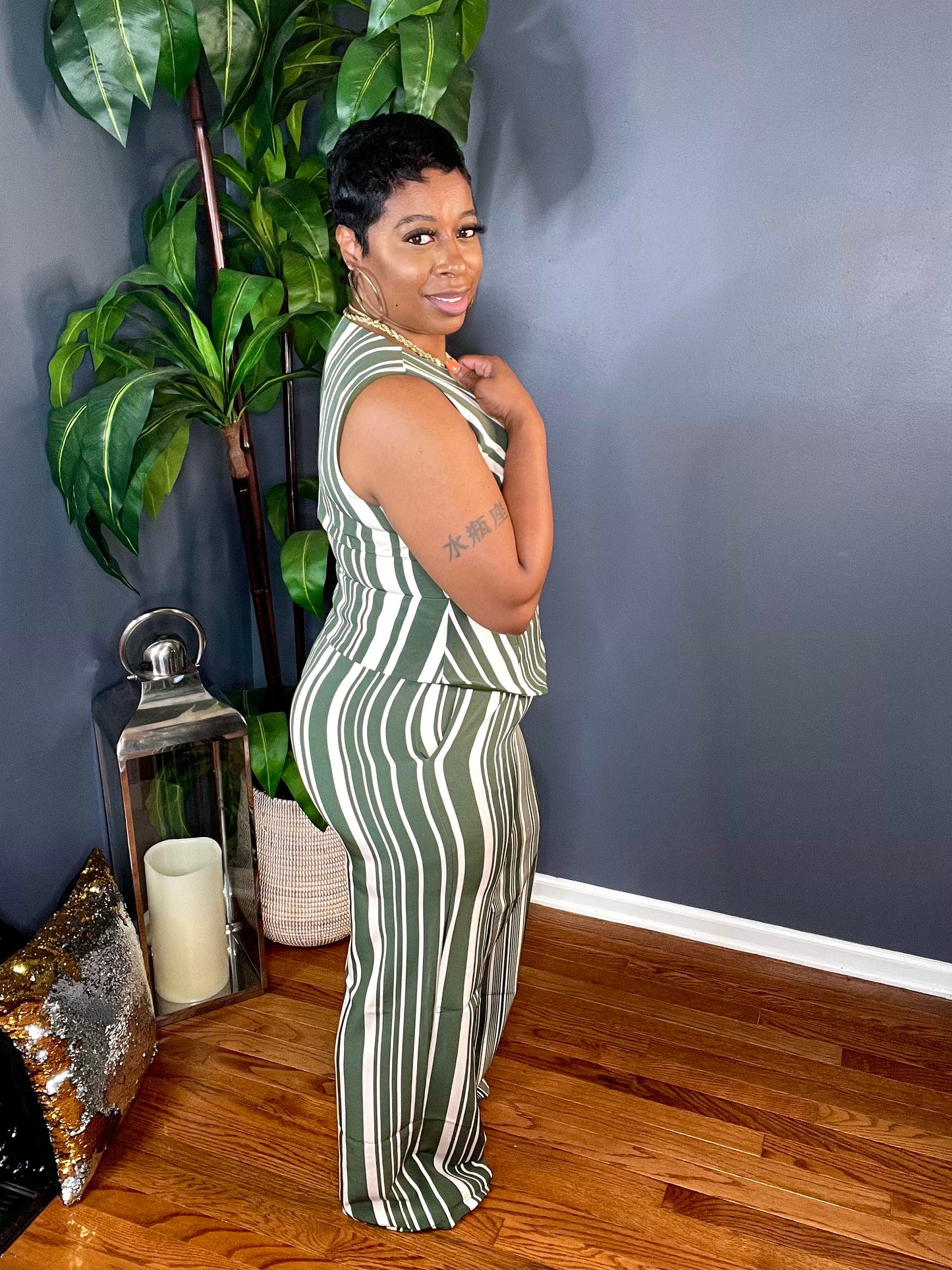 The Catalina Blazer Vest Striped Pant Set (Olive)