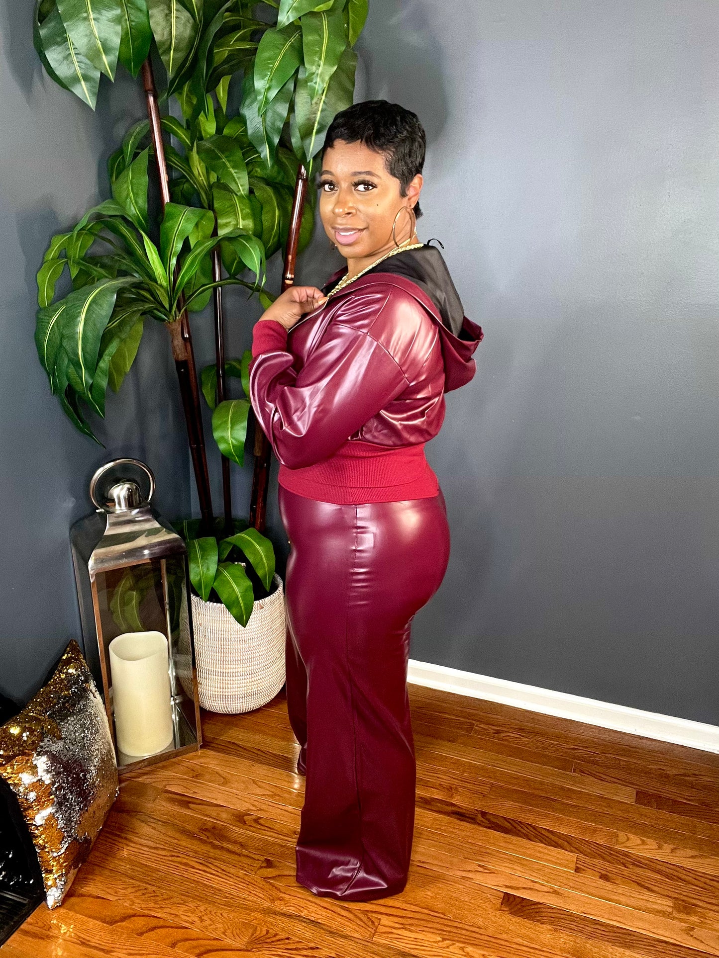 The Bakari Leather Hoodie Set (Burgundy)