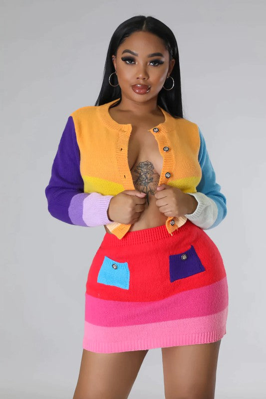 The SOLAE Sweater Cardigan Skirt Set (Multi)