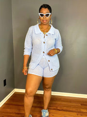 The "TIGHT KNITTED" Cardigan Shorts Set (Blue)